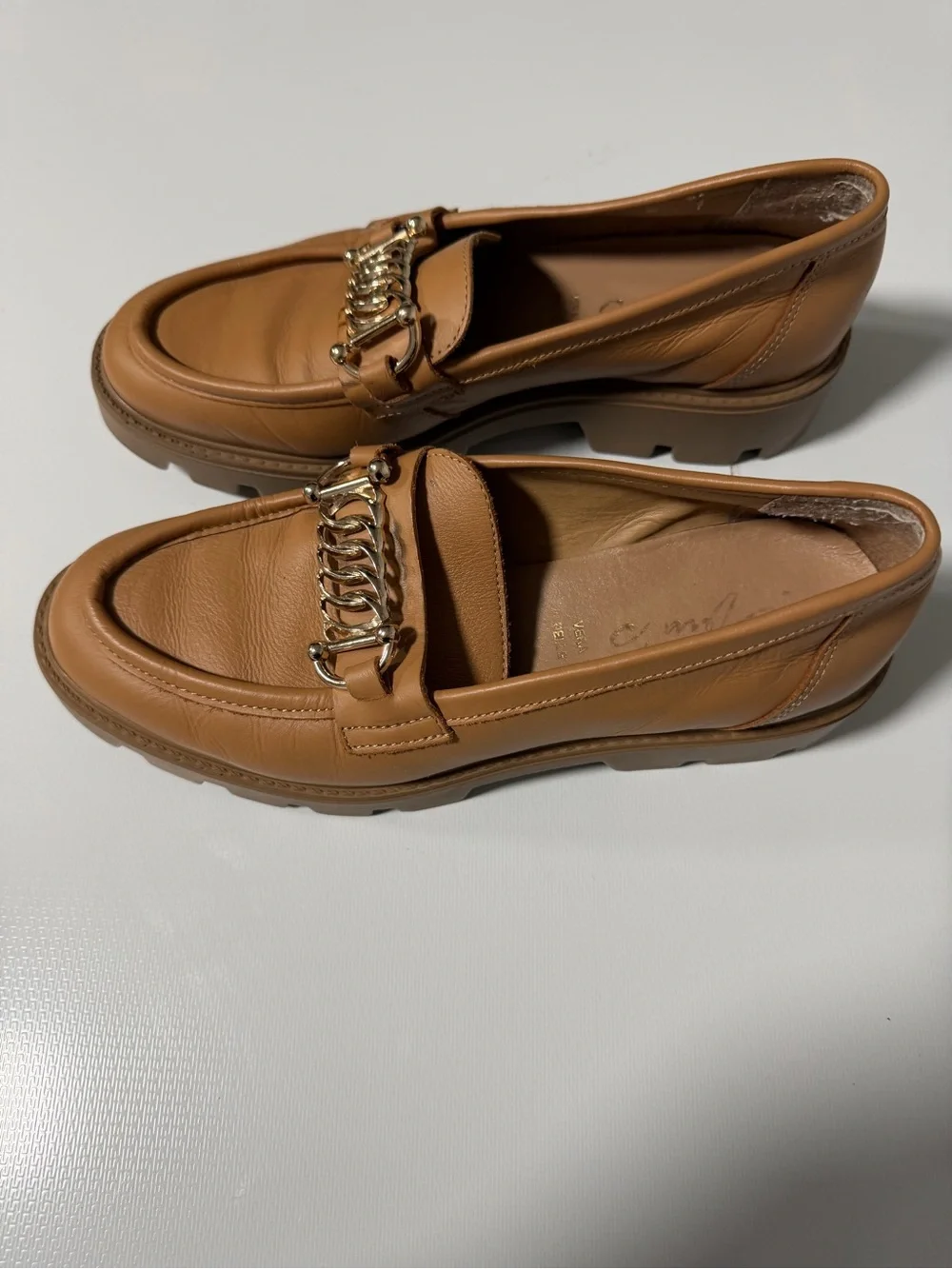 Chunky Lug-Sole Loafers in Cognac with Gold Chain Accent